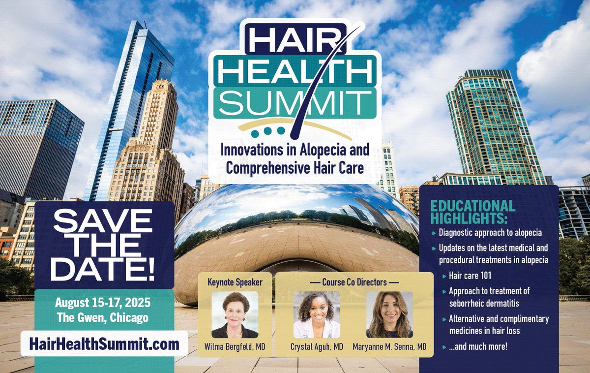 Crystal Aguh MD (@crystalaguhmd) on Twitter photo Hey #dermtwitter save the date for the first inaugural Hair Health Summit. A CME accredited clinical conference focused on all things HAIR. Featuring lectures by international experts in alopecia and hair loss coming to the Windy City in Aug 2025. Hey #dermtwitter save the date for the first inaugural Hair Health Summit. A CME accredited clinical conference focused on all things HAIR. Featuring lectures by international experts in alopecia and hair loss coming to the Windy City in Aug 2025.