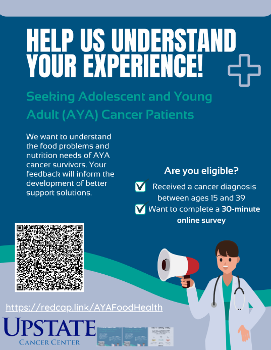 𝗗𝗿. 𝗟𝗶𝗮𝗼, 𝗬𝘂𝗲, 𝗖𝗣𝗛 👩🏻💻 廖玥 (@yueliao) on Twitter photo Please spread the word! Looking for #AYA cancer patients for an online survey study about food availability and nutrition. 🥗🍽️💪 #AYACSM
<a href="/CancerSurvSM/">Cancer Survivor Social Media</a> <a href="/MariaSwartzPhD/">Maria Swartz, PhD, MPH, RD, LD</a> <a href="/DrJinbingBai/">Jinbing Bai, PhD, RN, FAAN</a> <a href="/EK_Drake/">Dr. Emily Drake</a> <a href="/KimMillerPhD/">Kim Miller</a> Please spread the word! Looking for #AYA cancer patients for an online survey study about food availability and nutrition. 🥗🍽️💪 #AYACSM
<a href="/CancerSurvSM/">Cancer Survivor Social Media</a> <a href="/MariaSwartzPhD/">Maria Swartz, PhD, MPH, RD, LD</a> <a href="/DrJinbingBai/">Jinbing Bai, PhD, RN, FAAN</a> <a href="/EK_Drake/">Dr. Emily Drake</a> <a href="/KimMillerPhD/">Kim Miller</a>