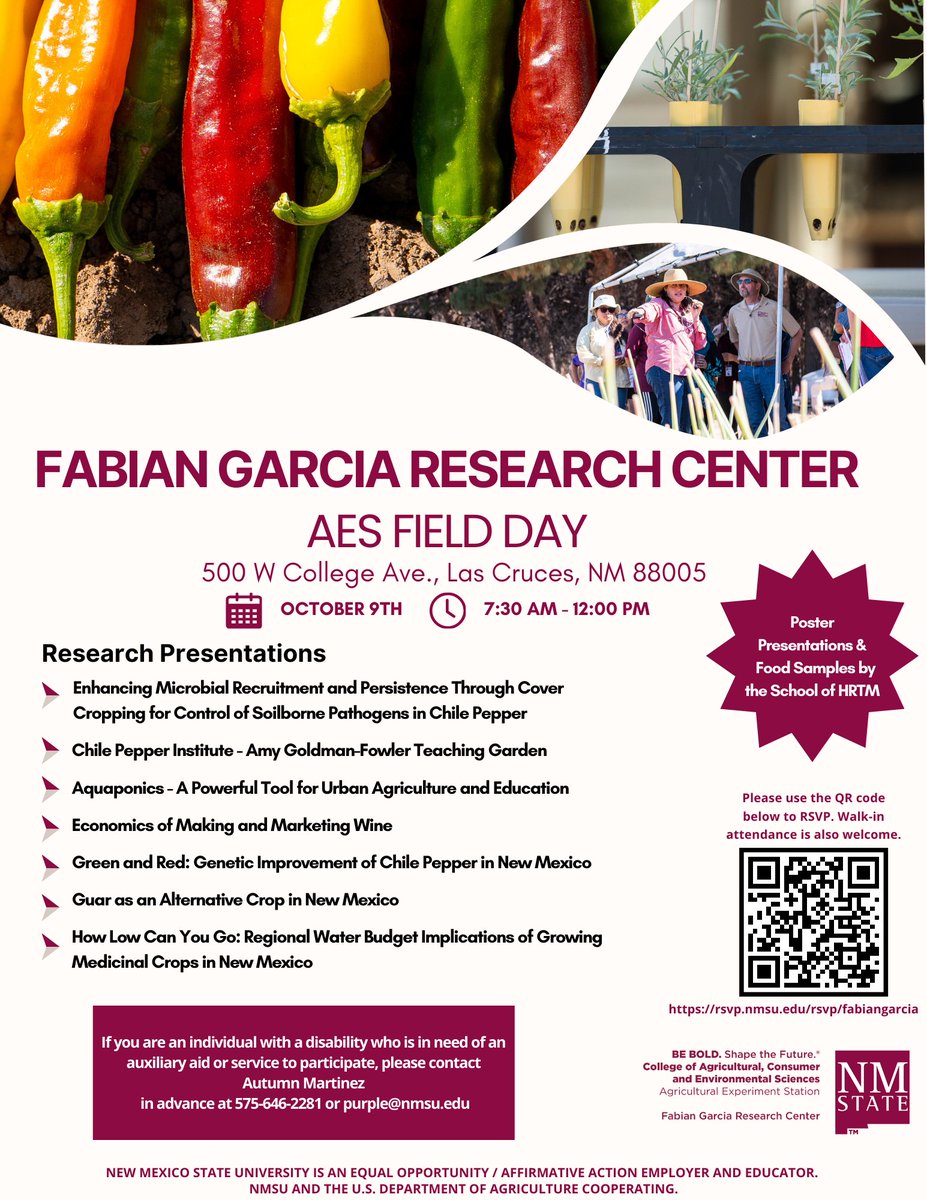 Mark your calendars! On October 9th, the Fabian Garcia Research Center will host their annual field day. Registration will start at 7:30 am and research tours will start promptly at 8:30 am. Come learn about the Chile Pepper Institute, Aquaponics, Guar and much more!