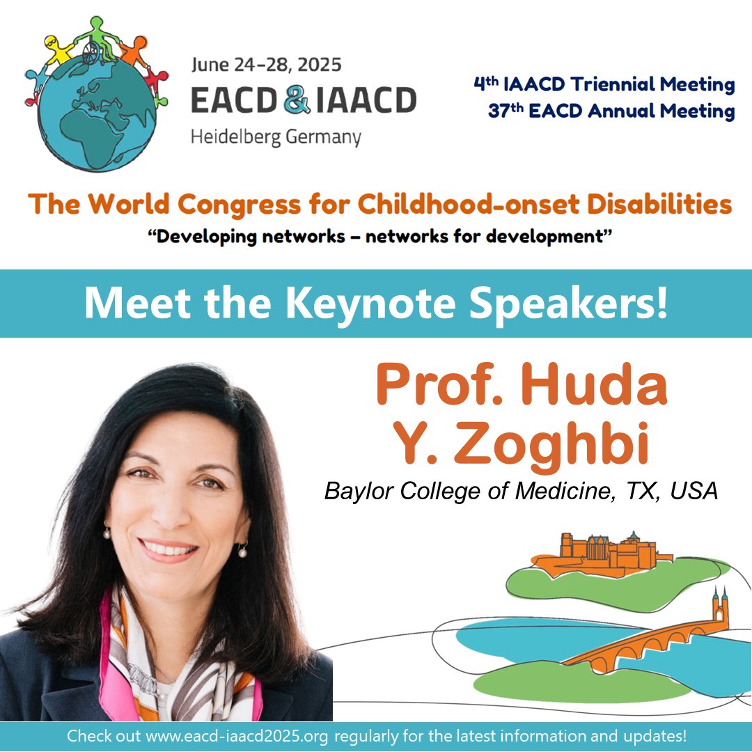 EACD / IAACD Heidelberg 2025 (@eacd2025) on Twitter photo Introducing our first keynote speaker: Dr. Huda Y. Zoghbi, professor of pediatrics, molecular and human genetics, neurology and neuroscience <a href="/bcmhouston/">BCMHouston</a>
Dr. Zoghbi will present the keynote lecture during the opening ceremony of <a href="/EACD2025/">EACD / IAACD Heidelberg 2025</a>. Introducing our first keynote speaker: Dr. Huda Y. Zoghbi, professor of pediatrics, molecular and human genetics, neurology and neuroscience <a href="/bcmhouston/">BCMHouston</a>
Dr. Zoghbi will present the keynote lecture during the opening ceremony of <a href="/EACD2025/">EACD / IAACD Heidelberg 2025</a>.