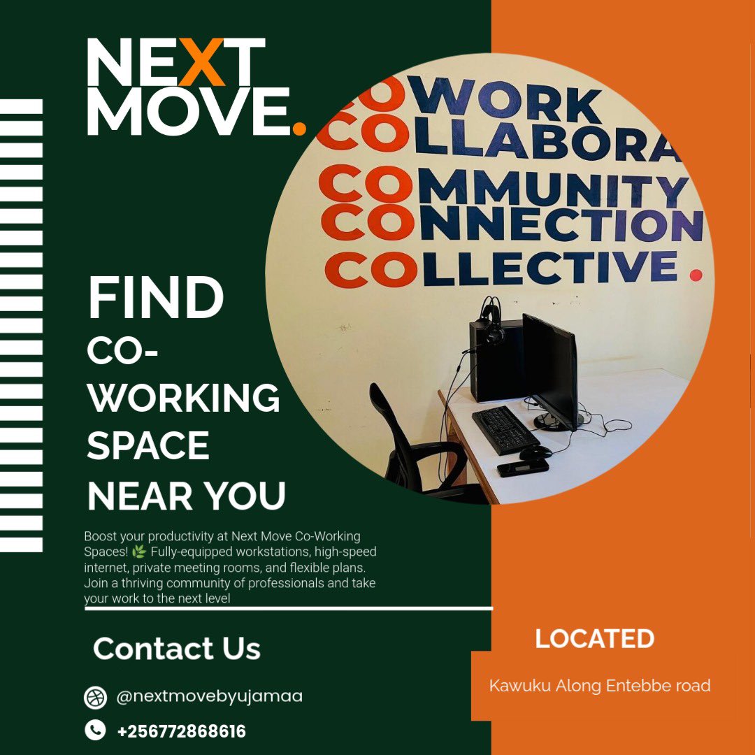 Find your perfect workspace at Next Move in Kawuku. Work smarter with fast internet and flexible plans. Call +256772868616 to book! #CoworkingCommunity 
#NextMoveSpaces
#ProductivityBoost
#WorkSmarter