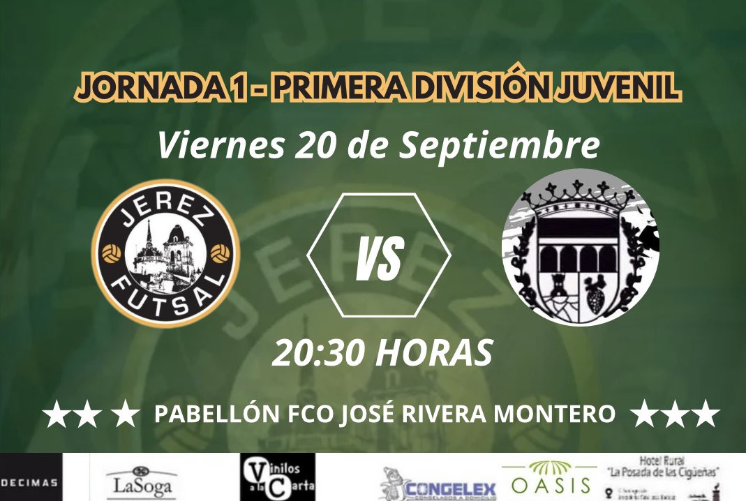 🄱🄰🅂🄴 🄹🅄🅅🄴🄽🄸🄻
1️⃣Jornada 
#JerezFutSal
🆚
@buhersafs_oficial 
🏟️ Pabellón Fco José Rivera 
📅 Viernes 20 de Septiembre 
⌚️20:30 horas

#10añosJerezFutsal
#SigamosHaciendoHistoria
#JerezFutsal 💚