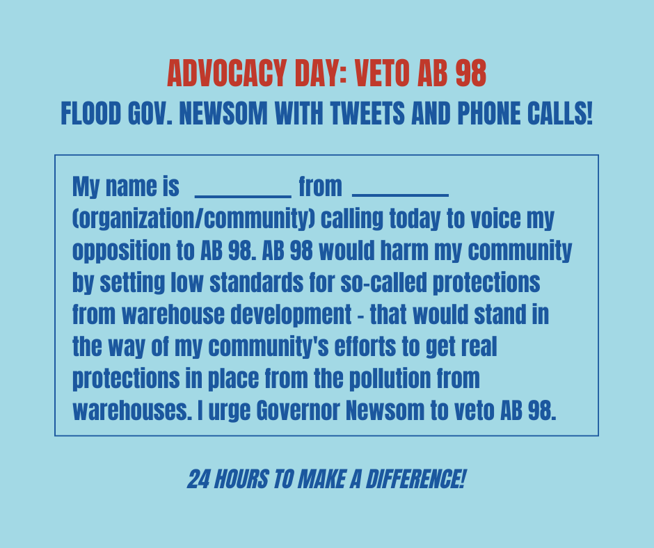 CRPE_EJ's tweet photo. ACTION ALERT: Advocacy Day to #VetoAB98

#AB98 sets dangerously low standards for warehouse siting and operations that would fail to protect the people who will be the unenviable neighbors of new and expanding facilities. One tweet or one call CAN make a difference.