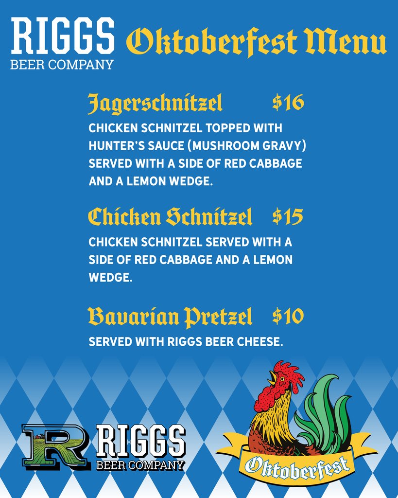 Our Oktoberfest Menu for @riggsbeerco Oktoberfest, starting tomorrow! We'll have our truck and our tent out there, slinging Schnitzel from the truck and Pretzels from the tent in the back beer garden!