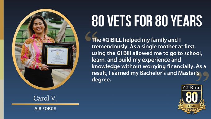 VAIndyHealth's tweet image. The #GIBill helped Carol go to school, building her experience &amp;amp; knowledge without worrying financially. She earned her Bachelor's &amp;amp; Master's degrees alongside a growing family &amp;amp; career. She achieved many goals with the help of the GI Bill. #80Vetsfor80Years #IUsedMyGIBill