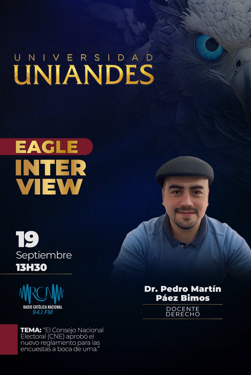 uniandesec's tweet photo. #UniandesEnMedios | El Dr. Pedro Páez (@pmpaezb ) docente de la carrera de Derecho de Uninades estará en Radio Católica Nacional (@RCN_Ecuador )  para tratar un tema de interés en las elecciones 2025 “La aprobación del Reglamento para las encuestas a boca de urna del @cnegobec https://t.co/iqsGofvL2o
