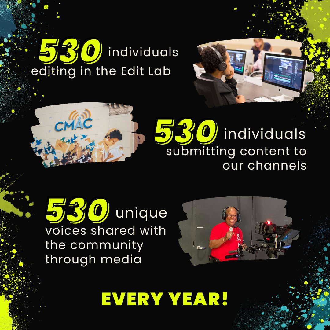 CMACTV's tweet image. We&apos;ve had an average of 530 active members each year since opening our doors in April 2013. That means 530 unique voices are amplified through community media every year! Your support keeps us going. Donate today: cmac.tv/support

#SupportCommunityMedia #ShareYourStories