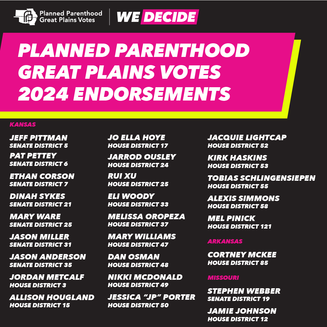 PPGPV proudly announces our 2024 general election endorsements for Kansas, Arkansas, and Missouri! These candidates are committed to protecting reproductive rights and ensuring inclusive, accurate health care. See the full list at ppgpvotes.org!