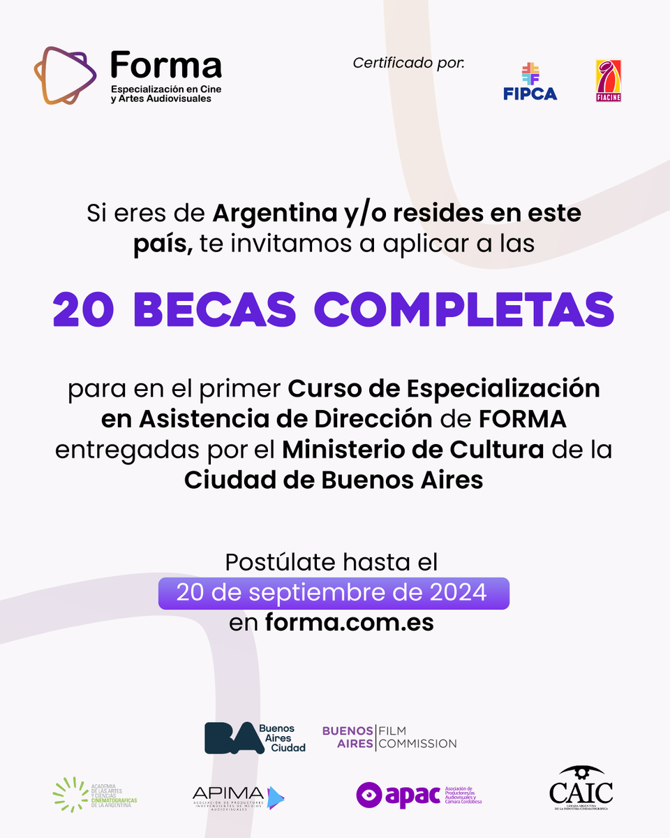 🇦🇷🎬 ¡Atención Argentina! ¿Quieres formarte en Asistencia de Dirección con expertos en cine? Participa en las 20 becas del 100% de matrícula ofrecidas por el Ministerio de Cultura de la Ciudad de Buenos Aires. 🚀 Con FORMA, haz crecer tu talento👩🏽‍💻 
forma.com.es
