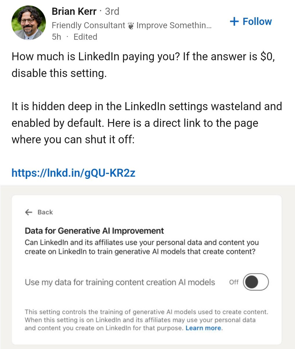 Josh Weinberger (@kitson@masto.ai on Mastodon) (@kitson) on Twitter photo Nothing like this should be opt-out.
It's just theft.
#AI #privacy #theft #LinkedIn
cc <a href="/dsearls/">Doc Searls</a> <a href="/dweinberger/">dweinberger.org.bsky.social</a> <a href="/ZephyrTeachout/">Zephyr Teachout</a> <a href="/superwuster/">Tim Wu</a> <a href="/JustineBateman/">Justine Bateman</a> #vrm #crm #LLM Nothing like this should be opt-out.
It's just theft.
#AI #privacy #theft #LinkedIn
cc <a href="/dsearls/">Doc Searls</a> <a href="/dweinberger/">dweinberger.org.bsky.social</a> <a href="/ZephyrTeachout/">Zephyr Teachout</a> <a href="/superwuster/">Tim Wu</a> <a href="/JustineBateman/">Justine Bateman</a> #vrm #crm #LLM