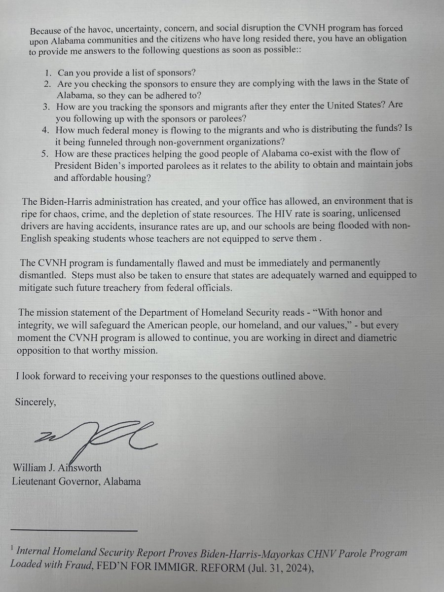 willainsworthAL's tweet photo. My letter to Secretary Mayorkas about the CHVN parole program. https://t.co/pYeKNMbQ5o