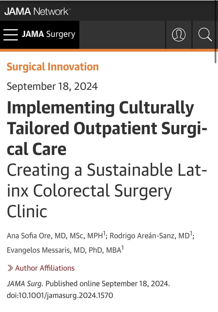 Highlighting Dr. Ana Sofia Ore and Dr. Messaris on their JAMA Surgery paper describing the implementations of the BIDMC Latinx Colorectal Surgery Clinic.

The goal is to improve patient outcomes and satisfaction with a sustainable model. 
 
Read here: tinyurl.com/4vuva6f5