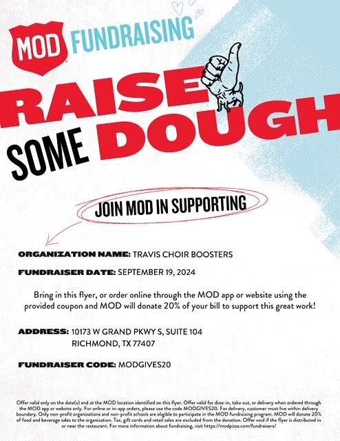 MOD Spirit Day TOMORROW, September 19! Mention Travis Choir or use the code on the flyer if ordering online! #travistigerchoir #spiritnight