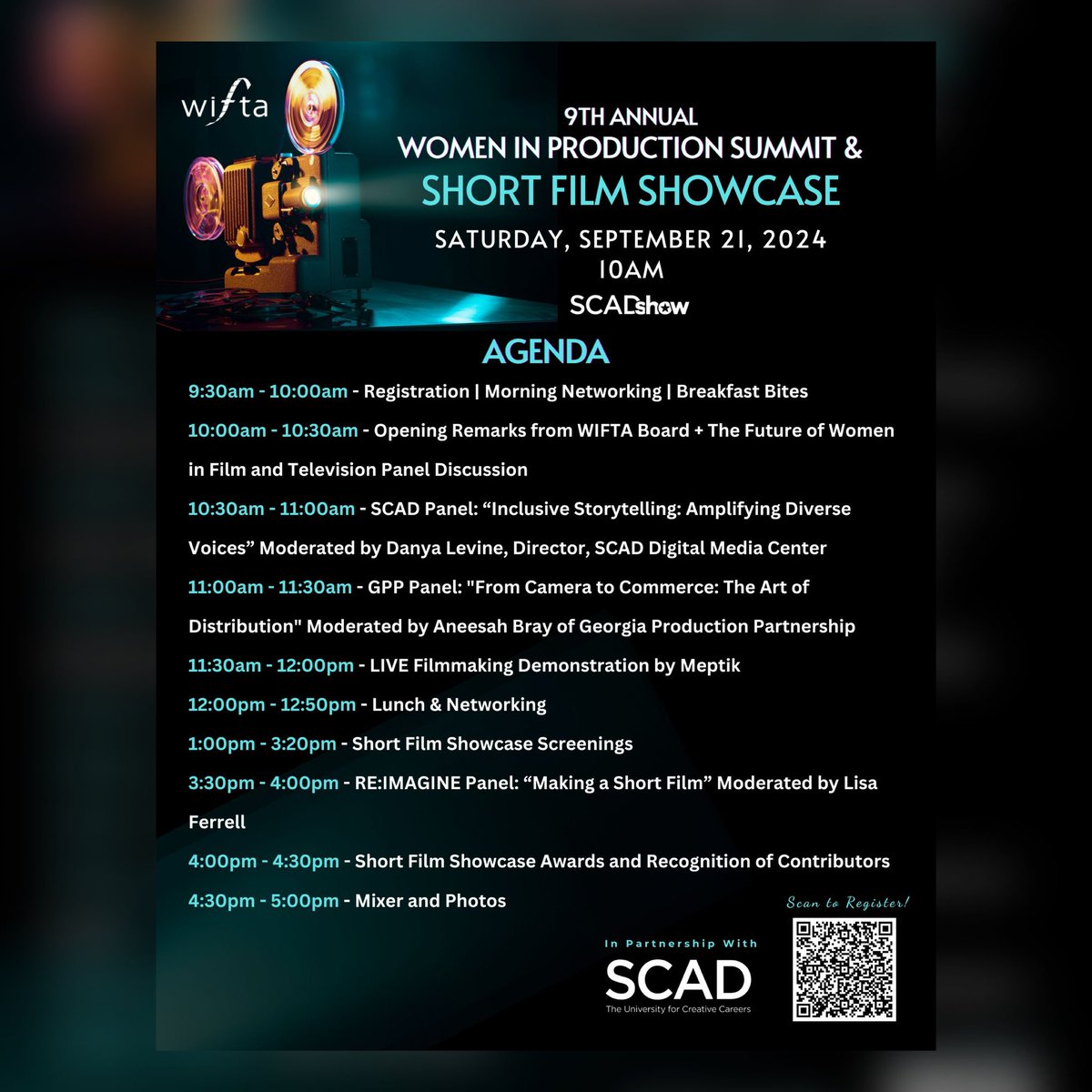 Join us for these AMAZING panel discussions THIS Saturday at #SCADshow! 🎬

Get your tickets today…
wifta.org/upcoming-events

#WIFTA #WIFTA50 #ShortFilmShowcase #Filmmakers #WomenInProduction #WIPS #SCAD