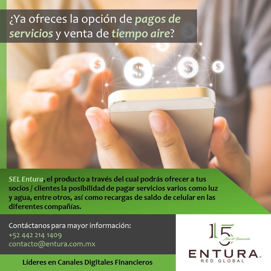 EnturaM's tweet photo. ¿Tu institución financiera ya ofrece la opción de pagos de servicios y venta de tiempo aire? Si no, ¿qué esperas?

Permítenos acompañarte en tu estrategia de implementación de #CanalesDigitales.

Contáctanos para mayor información.
+52 (442) 214 1409
contacto@entura.com.mx https://t.co/HTeJbM0twS