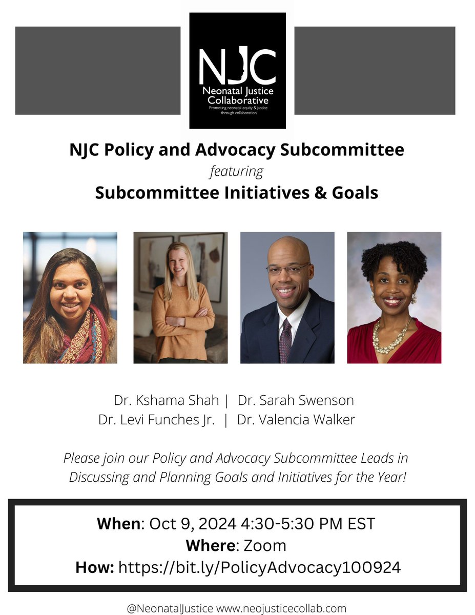 Neonatal Justice Collaborative (@neonataljustice) on Twitter photo Join the NJC #Policy + #Advocacy Subcommittee to discuss and plan the group's goals and initiatives with <a href="/DrV_NeoMD/">V W (She/Hers)</a>, <a href="/neodrswenson/">Sarah Swenson, MD, DPhil</a>, Dr. Levi Funches, Dr. Kshama Shah #healthequity Join the NJC #Policy + #Advocacy Subcommittee to discuss and plan the group's goals and initiatives with <a href="/DrV_NeoMD/">V W (She/Hers)</a>, <a href="/neodrswenson/">Sarah Swenson, MD, DPhil</a>, Dr. Levi Funches, Dr. Kshama Shah #healthequity