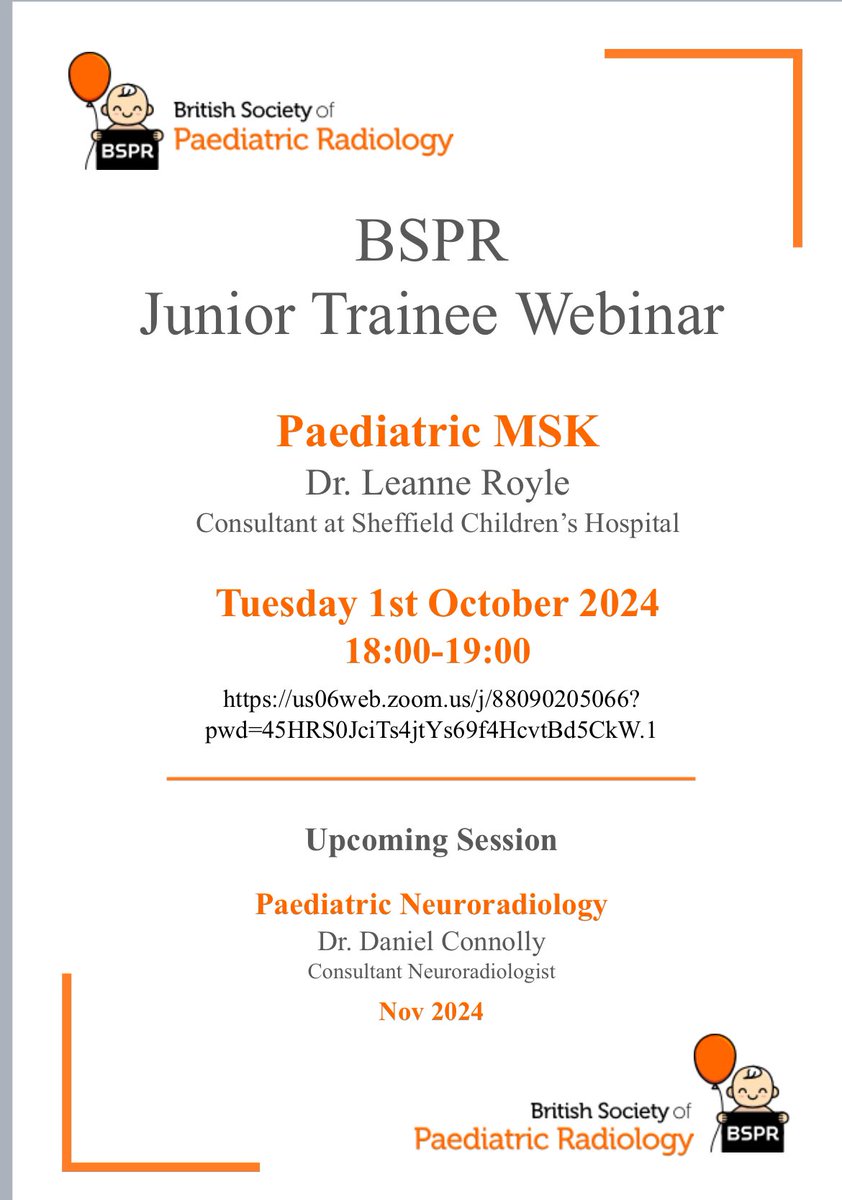 BSPR (@bsprjuniorforum) on Twitter photo 🎃👻A treat for October 🎃👻
Junior Trainee Webinar on Paediatric MSK by Dr Leanne Royle <a href="/SheffChildrens/">Sheffield Children's</a>, Tue 1st Oct 2024 18.00-19.00
Zoom link ➡️ 🎃👻 us06web.zoom.us/j/88090205066?… 🎃👻A treat for October 🎃👻
Junior Trainee Webinar on Paediatric MSK by Dr Leanne Royle <a href="/SheffChildrens/">Sheffield Children's</a>, Tue 1st Oct 2024 18.00-19.00
Zoom link ➡️ 🎃👻 us06web.zoom.us/j/88090205066?…