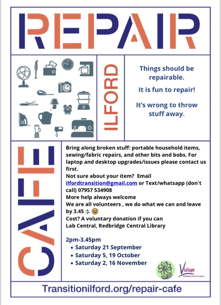 Ilford Repair Cafe Saturday 21 September in the library 2-3.45. We are delighted to have been donated a second sewing machine! Volunteers are awaiting whatever you bring. Best to arrive at the start. <a href="/RedbridgeLibs/">Redbridge Libraries</a> <a href="/RedbridgeLive/">Redbridge Council</a> <a href="/mercatometropol/">Mercato Metropolitano</a> see flyer for more info