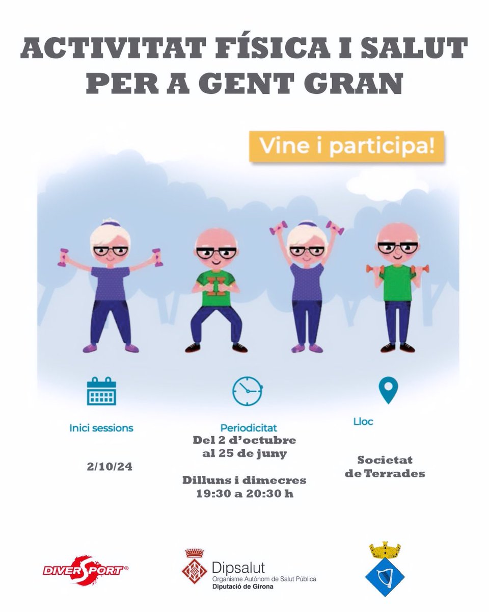 📣 El proper dimecres 2 d’octubre es reprenen les sessions d’activitat física i salut a la Societat la Unió Terradenca, fins al juny de 2025.

🗓Dilluns i dimecres 

⏱de 19.30 a 20.30h

ACTIVITAT GRATUÏTA‼️

Amb el suport de Dipsalut.
