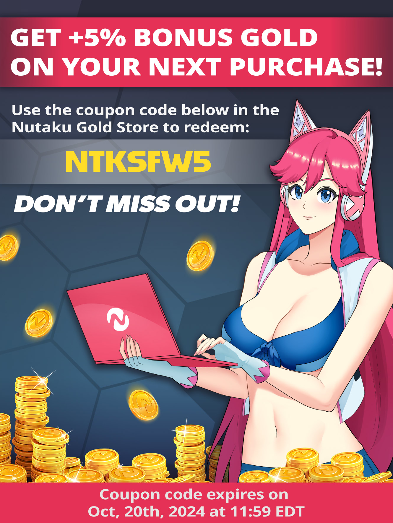 Nutaku 🕹️ on X: Congratz, you found our Official SFW page. Give us a  follow & enjoy +5% Bonus Gold on your next purchase using the exclusive code  below!🎉 Valid until Oct.