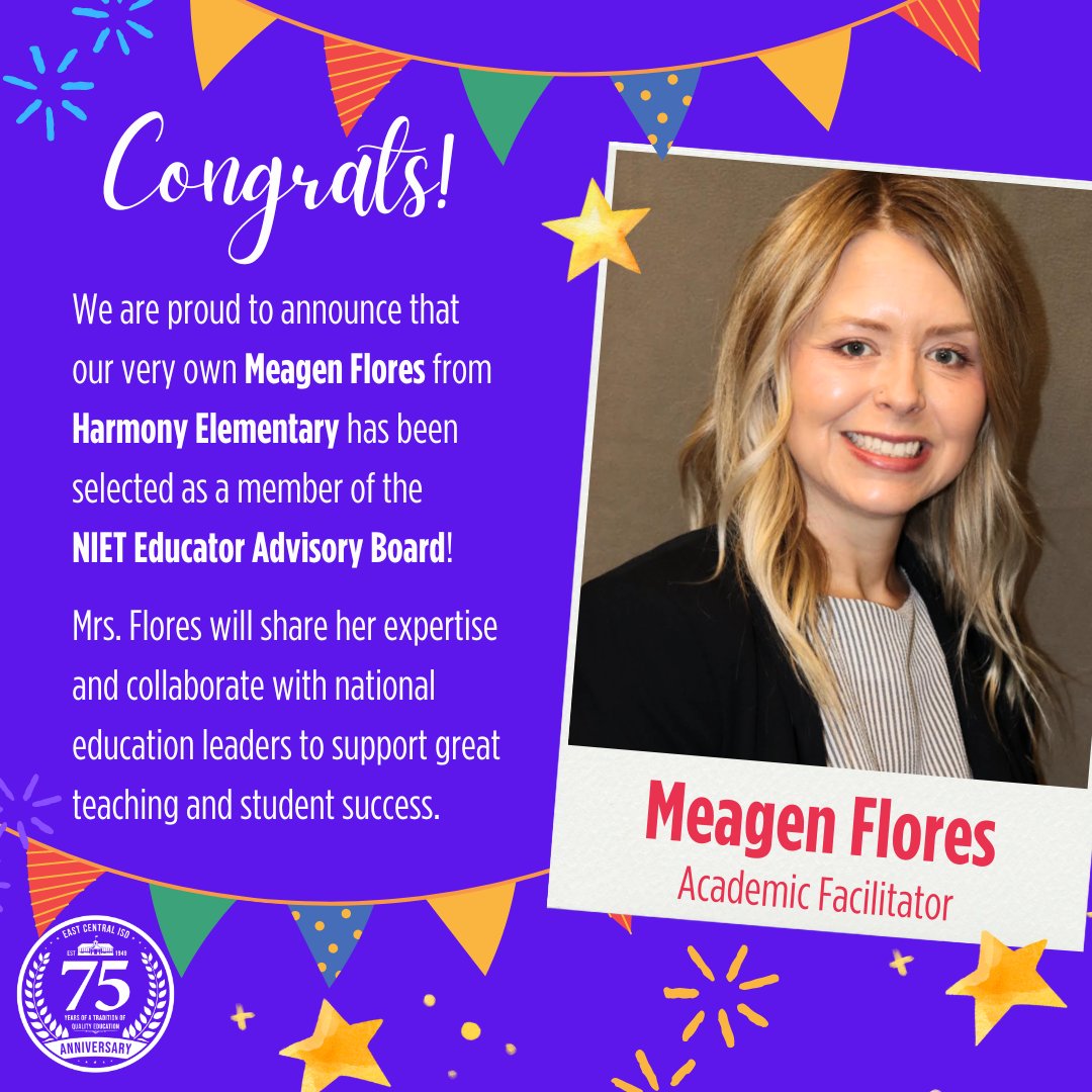 🎉 Congrats to Harmony Elementary's Meagen Flores for being selected to the NIET Educator Advisory Board! 🌟 Her leadership and dedication reflect the incredible work happening at East Central ISD.👏Read more at the link.  ow.ly/pu8Z50TqsVm
#ECProud! #ShineBright