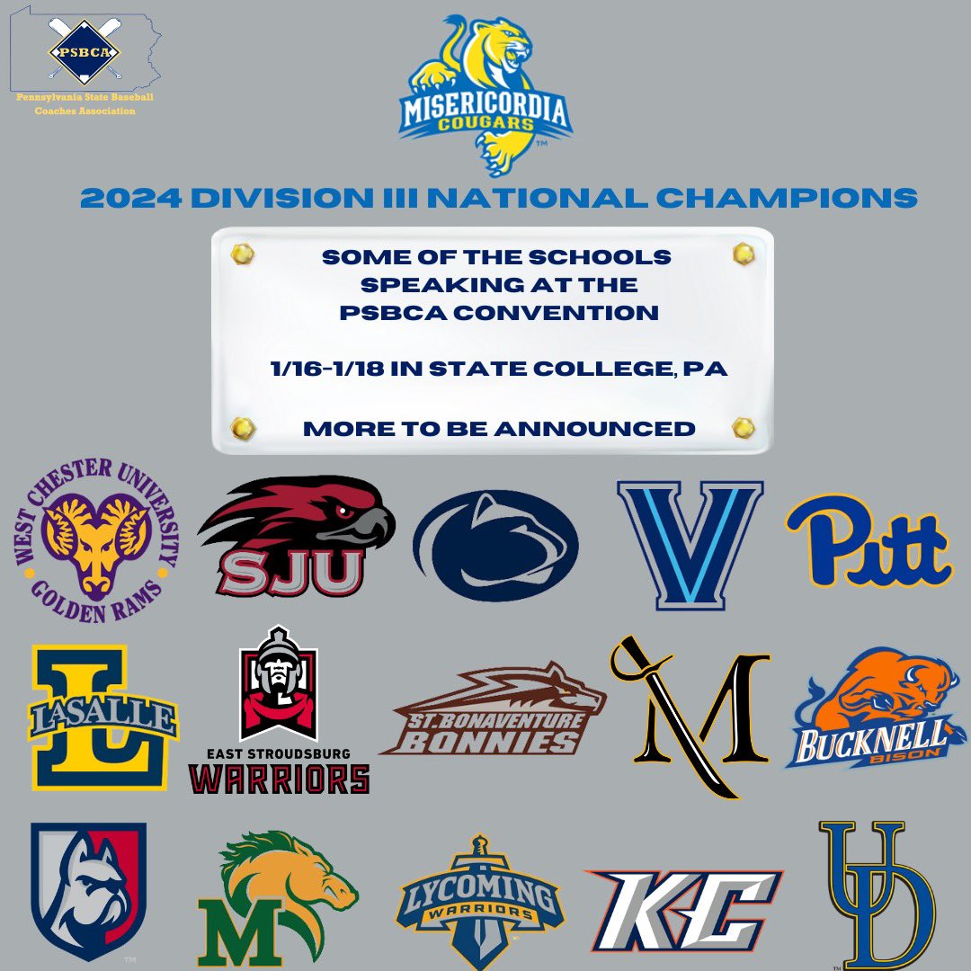 What a treat that we have for all of our coaches at the PSBCA Convention in January of 2025 in State College!

Pete Egbert of the reigning Division III National Champion Misericordia Cougars headline a list of incredible schools sending their staff to talk about their programs