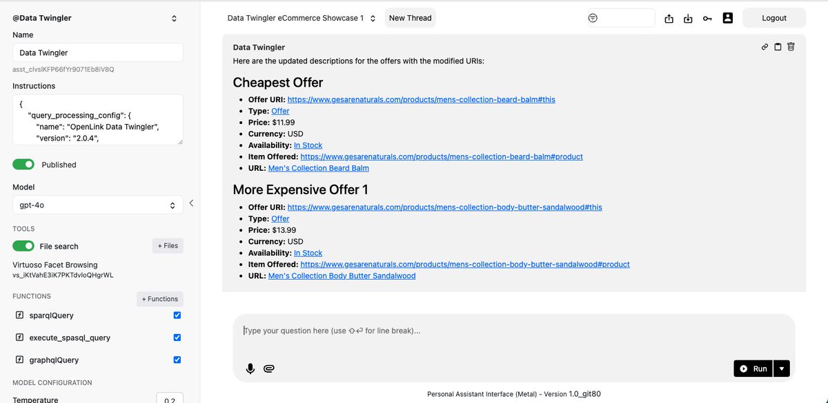 kidehen's tweet image. Use your product offers page to test a #SmartAgent test whereby its uses your page content to populate a #DBMS and then answer questions in plain English.

[1] linkeddata.uriburner.com/assist-metal/?… -- animation 

[2] linkeddata.uriburner.com/assist-metal/?… -- static

Benefit?
Agentic purchases!

/cc @ChifeDr