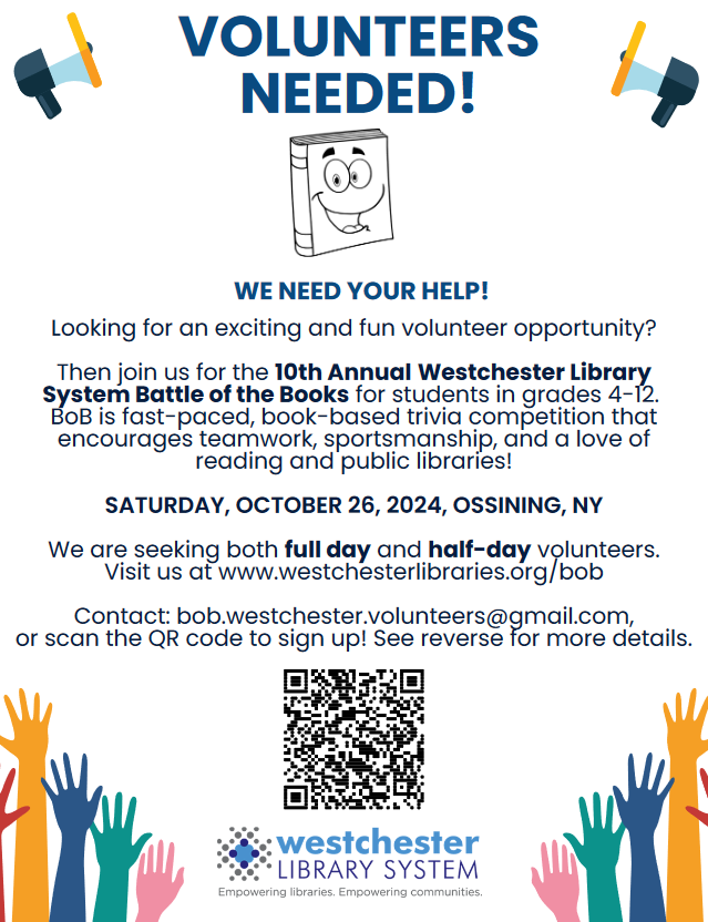 DobbsFerryLib's tweet image. Volunteers Needed!

Are you available on Saturday October 26? Westchester Library System is looking for volunteers for the Battle of the Books competition!

Email bob.westchester.volunteers@gmail.com if you&apos;re interested!

#battleofthebooks #westchesterlibrarysystem #volunteers