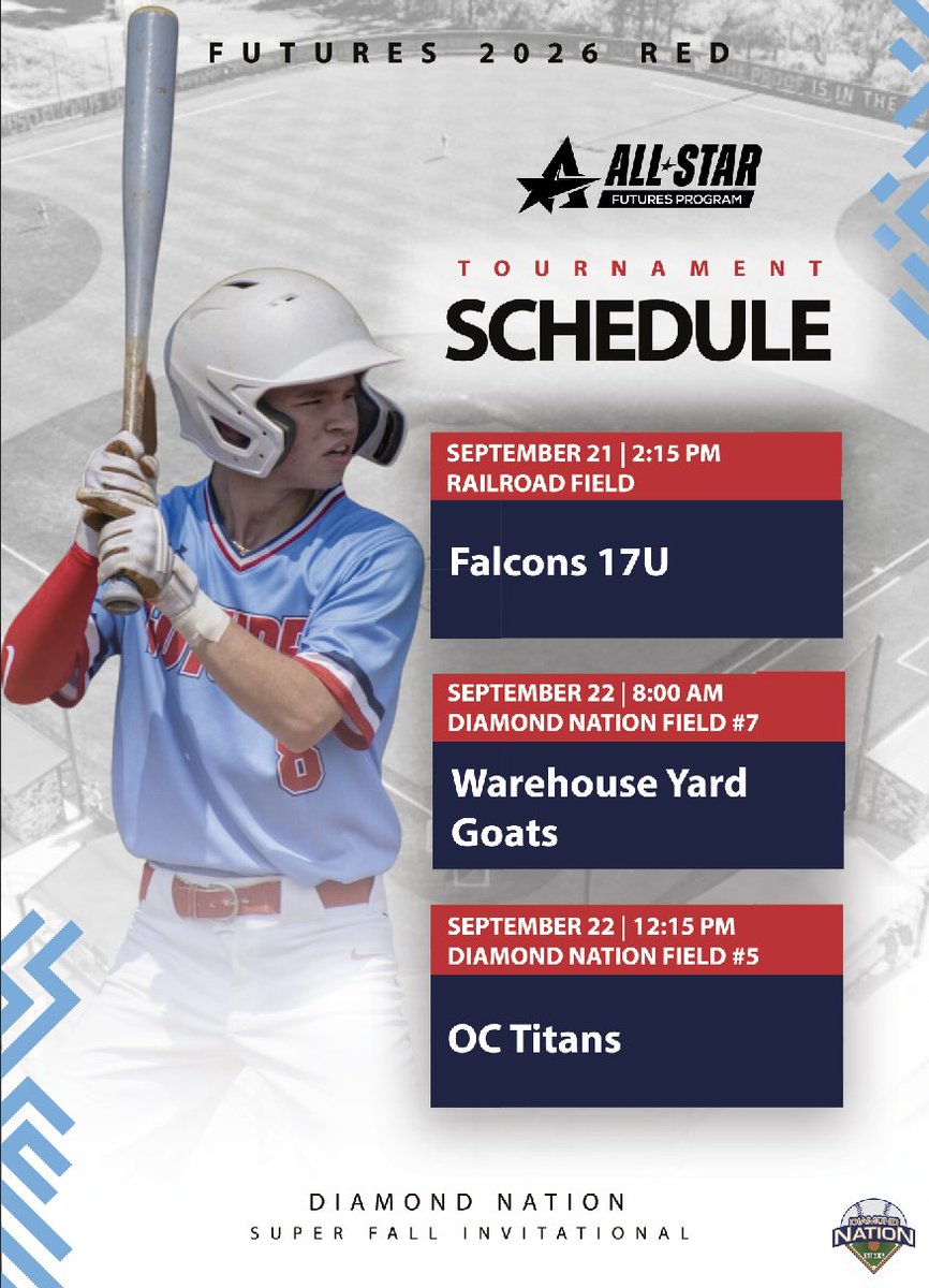 Futures Program (@futuresprogram) on Twitter photo This weekend, we will have 5 #futures teams playing at <a href="/DiamondNationNJ/">Diamond Nation</a> Super Fall Invitational Powered by <a href="/VictusSports/">Victus Sports</a>. Play begins this Friday @ 5 pm. See below for each team's schedule.
<a href="/AllStarBaseball/">All-Star Sports Academy</a>
<a href="/MattWalczak/">Matt Walczak</a> This weekend, we will have 5 #futures teams playing at <a href="/DiamondNationNJ/">Diamond Nation</a> Super Fall Invitational Powered by <a href="/VictusSports/">Victus Sports</a>. Play begins this Friday @ 5 pm. See below for each team's schedule.
<a href="/AllStarBaseball/">All-Star Sports Academy</a>
<a href="/MattWalczak/">Matt Walczak</a>