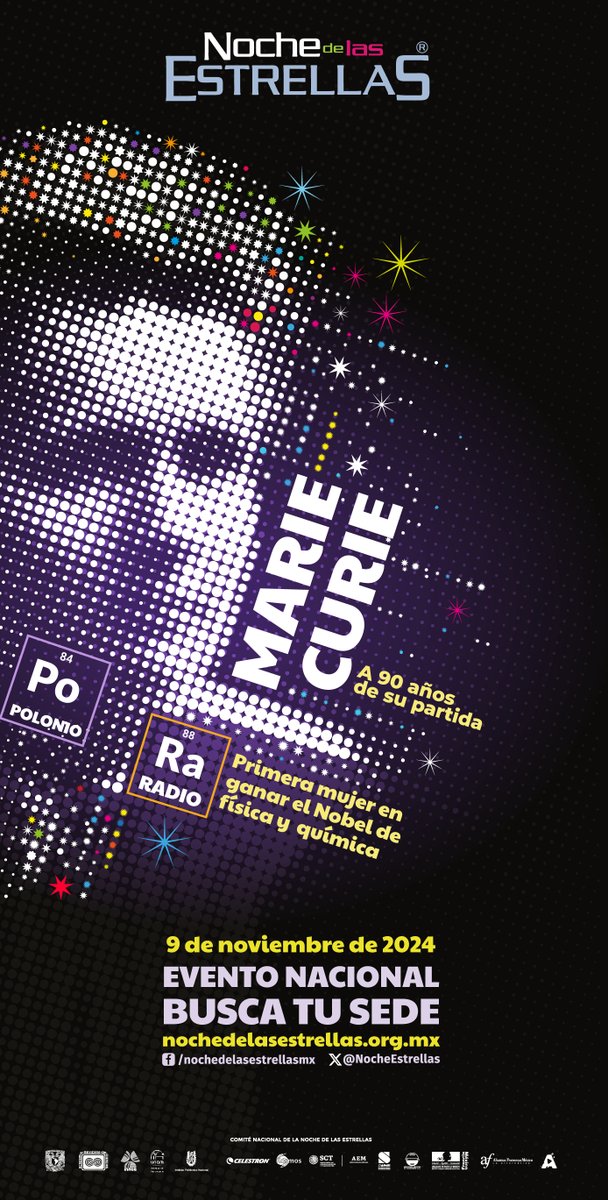 Mientras salen más fotos, qué tal si les compartimos el cartel de la #NdE2024? Pronto los de cada sede! #mariecurie #Galileo #Andrómeda #hubble