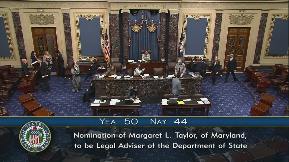 50-44:Senate confirmed Margaret Taylor to serve as State Dept. legal adviser. Murkowski was the only Republican to vote Yes. Senate voted in July to end a filibuster led by several Republicans including Vance against her nomination.Murkowski was also the lone Republican Yes vote.
