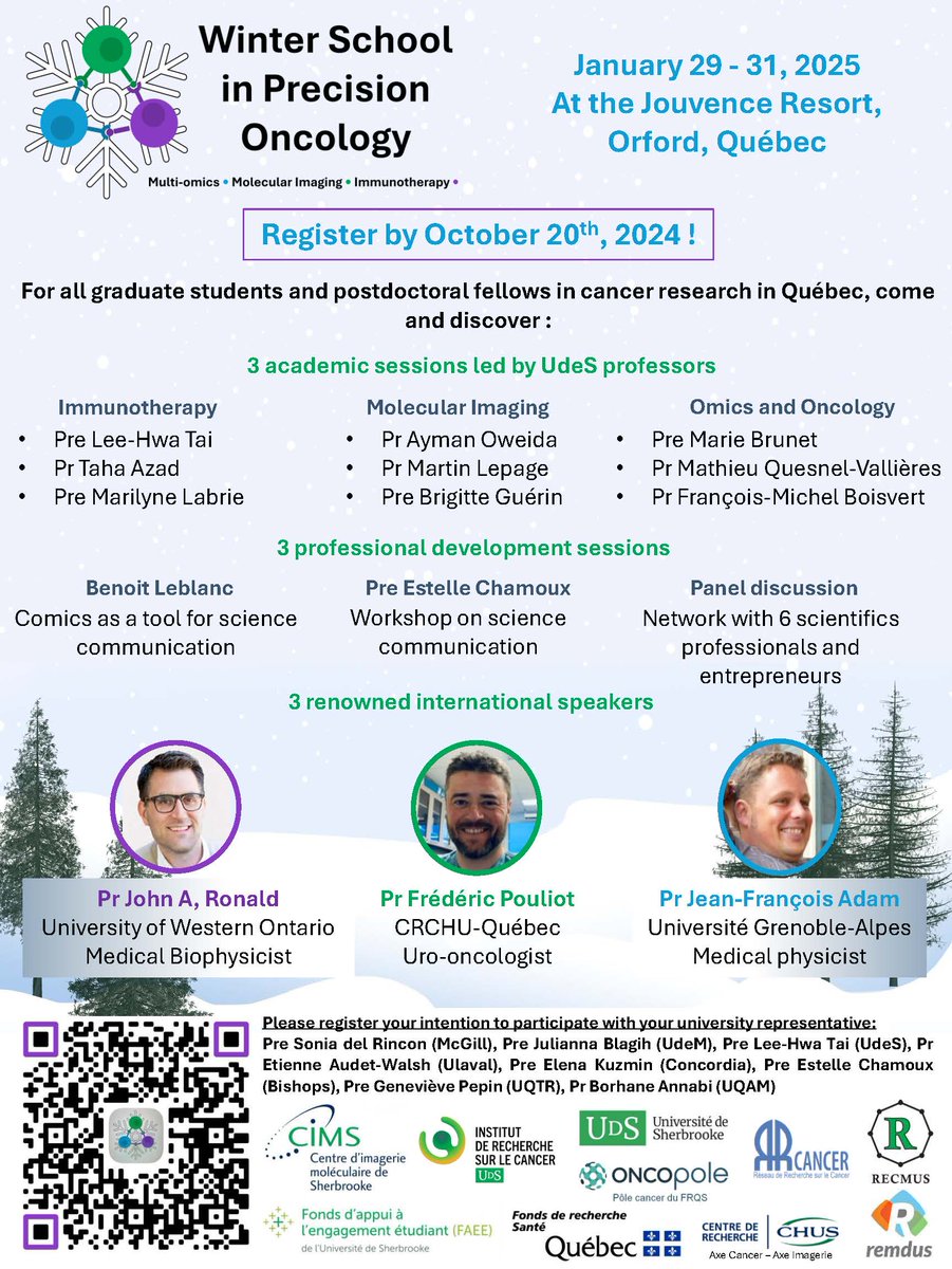 Tai_ImmunoLab's tweet image. Precision Oncology Winter School is NOW OPEN for applications! MSc, PhD and PDFs in cancer research across Quebec, this is your chance to dive into cutting-edge science! Supported by @oncopole, RRCancer, @USherbrooke and @_CRCHUS.
Express your interest and contact your Univ rep!