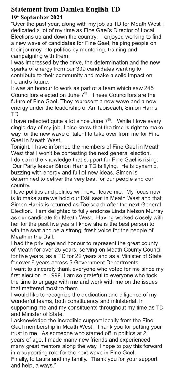 Delighted that Linda Nelson Murray has been selected to be our next Fine Gael candidate to contest the General Election in Meath West. 

Linda is so ready for this!

My statement ⬇️⬇️⬇️⬇️