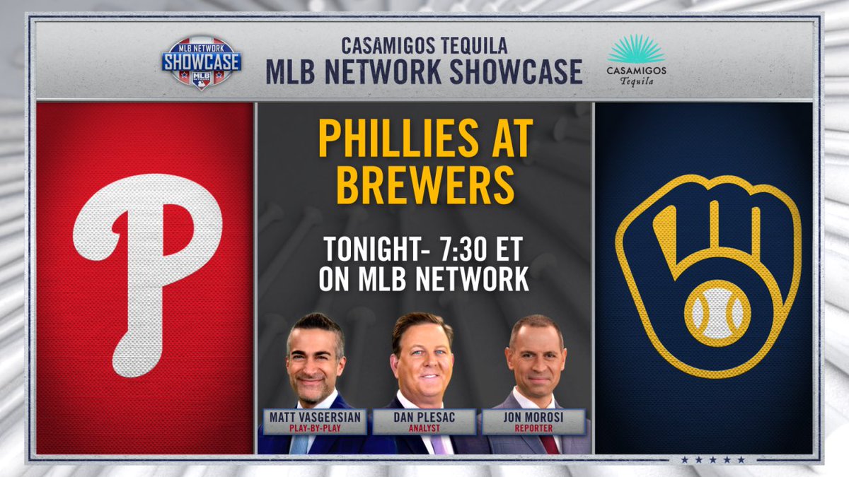 Matt Vasgersian, <a href="/Plesac19/">Dan Plesac</a> and <a href="/jonmorosi/">Jon Morosi</a> will be on the call for tonight’s #MLBNShowcase between the <a href="/Phillies/">Philadelphia Phillies</a> and <a href="/Brewers/">Milwaukee Brewers</a> at 7:30pm ET: