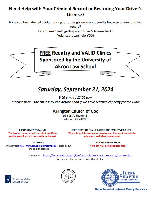 The next VALID Clinic is taking place this upcoming Saturday, September 21, 2024.

The VALID Clinic is made possible by <a href="/AkronLaw/">Akron Law</a>, the Akron Bar Foundation and <a href="/SummitExecutive/">County Executive Ilene Shapiro</a> Ilene Shapiro.