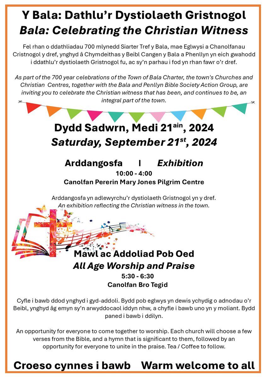 Eglwysi Cylch Llan (@eglwysillanrhos) on Twitter photo Penwythnos yma, bydd eglwysi a sefydliadau Cristnogol y Bala yn uno i ddathluโr dystiolaeth Gristnogol yn y dref fel rhan o ddathliadau 700 mlynedd y siarter.
๐๏ธSadwrn a Sul
๐10:00-4:00
๐Canolfan Pererin Mary Jones
๐ขArddangosfa
๐๏ธSadwrn
๐ 5:30
๐Canolfan Bro Tegid
๐Addoliad Penwythnos yma, bydd eglwysi a sefydliadau Cristnogol y Bala yn uno i ddathluโr dystiolaeth Gristnogol yn y dref fel rhan o ddathliadau 700 mlynedd y siarter.
๐๏ธSadwrn a Sul
๐10:00-4:00
๐Canolfan Pererin Mary Jones
๐ขArddangosfa
๐๏ธSadwrn
๐ 5:30
๐Canolfan Bro Tegid
๐Addoliad