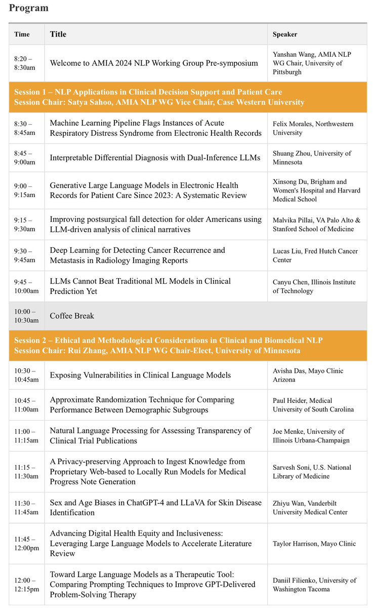 amiaNLPwg's tweet image. AMIA 2024 NLP WG Pre-symposium program is now available! See you all at SF!