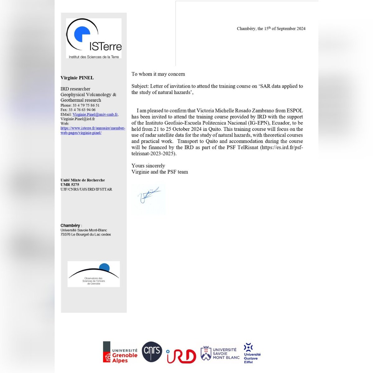 Honored to be one of 20 selected for the "SAR data applied to the study of natural hazards" training by IRD and IG-EPN in Quito, Oct 2024! Excited to dive into radar satellite data and natural hazards research. 🌍🚀
#SAR #Research #NaturalHazards #Geophysics #IRD #EPN #ESPOL