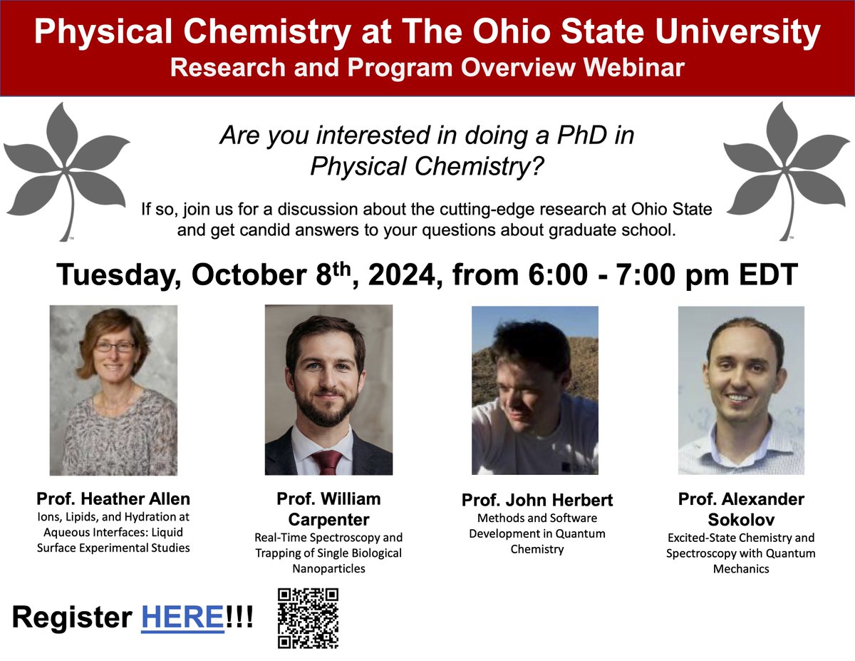 Interested in applying to a Ph.D. program in physical chemistry? Our department is organizing a webinar with talks from faculty and Q&amp;A session about graduate school. Date &amp; time: October 8, 6 - 7 pm EDT. Register here: osu.zoom.us/webinar/regist…