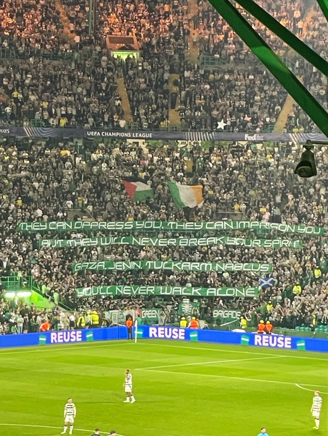 PHOTO |  "They can oppress you, they can imprison you, but they will never break your spirit!

Gaza, Jenin, Tulkarm, Nablus, you’ll never walk alone!"

(Green Brigade, Celtic)