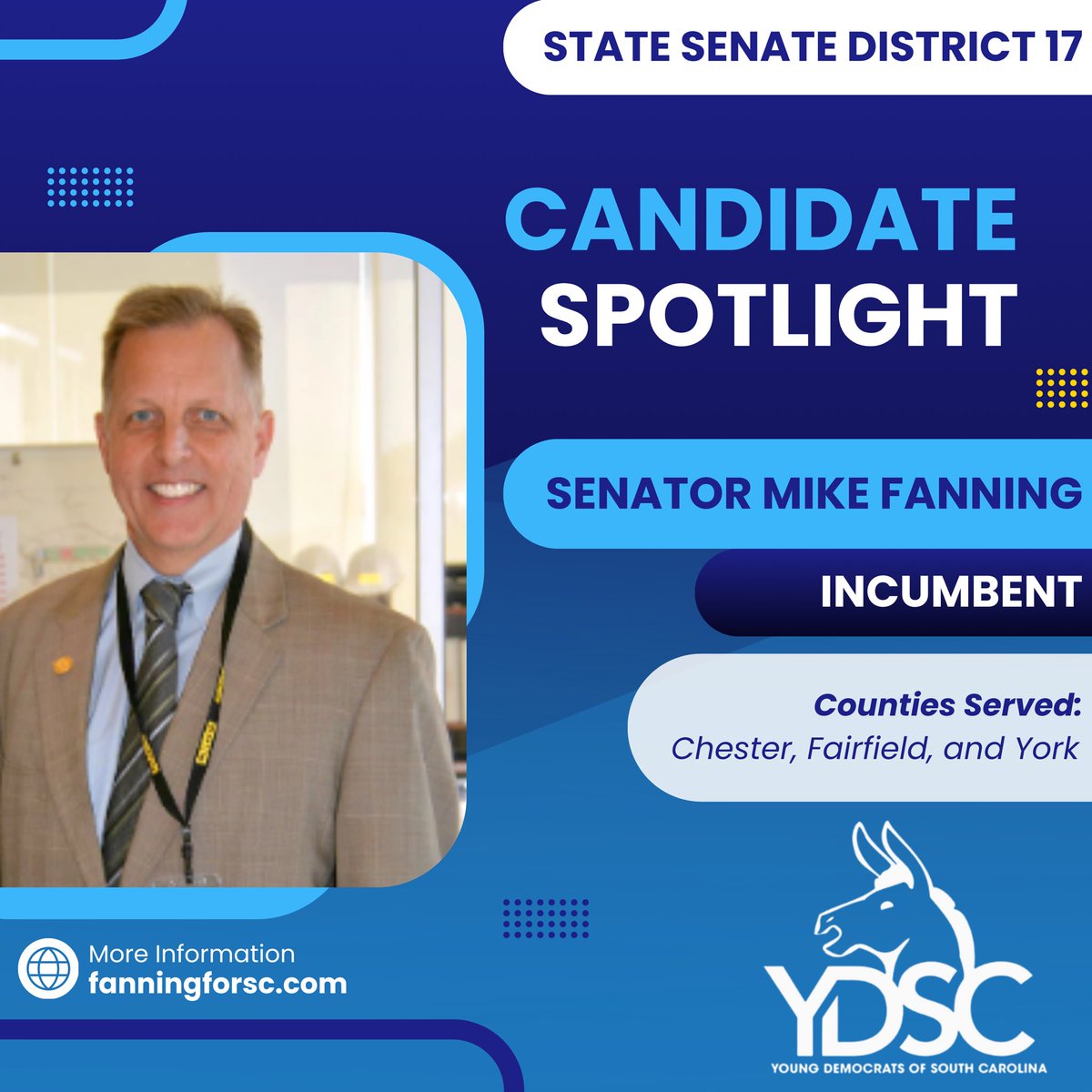 Young Democrats of South Carolina (@youngdemsofsc) on Twitter photo 🚨‼️ Candidate Spotlight ‼️🚨
Senator Mike Fanning is our Democratic nominee for reelection in SC Senate District 17, covering Chester, Fairfield, & York counties.
We need your help ensuring <a href="/FanningforSC/">Sen. Mike Fanning</a> gets back to Columbia! Sign up to volunteer here: mobilize.us/s/OC1NuE 🚨‼️ Candidate Spotlight ‼️🚨
Senator Mike Fanning is our Democratic nominee for reelection in SC Senate District 17, covering Chester, Fairfield, & York counties.
We need your help ensuring <a href="/FanningforSC/">Sen. Mike Fanning</a> gets back to Columbia! Sign up to volunteer here: mobilize.us/s/OC1NuE