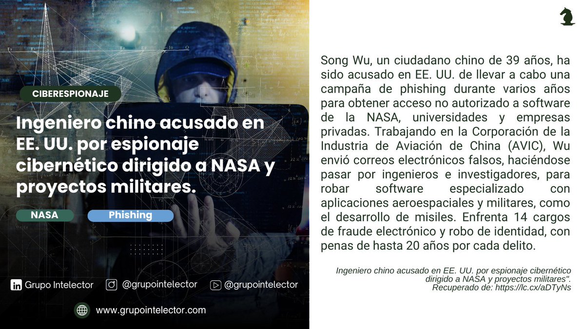 GIntelector's tweet image. Ingeniero chino enfrenta cargos en EE. UU. por ciberespionaje contra la NASA y proyectos militares. Accedió a software confidencial a través de phishing. 

Nota completa: lc.cx/aDTyNs

#Ciberseguridad #Espionaje #Phishing #Intelector