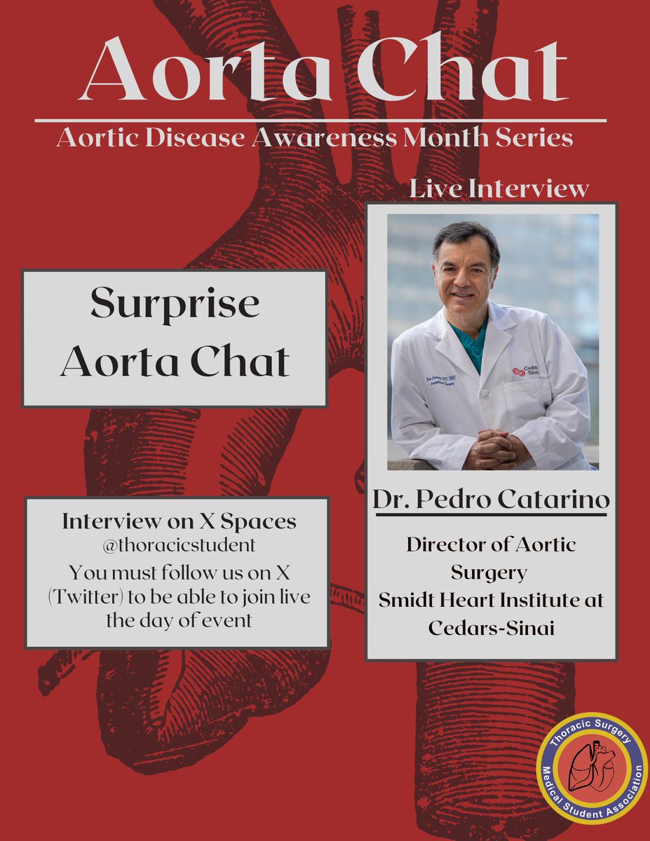 TSMA (@thoracicstudent) on Twitter photo Surprise surprise! What better way to spend Wednesday afternoon than sitting down form some #AortaEd. If you missed our surprise live with Dr. #PedroCatarino be sure to listen to the recording below <a href="/SmidtHeart/">Smidt Heart Institute at Cedars-Sinai</a> <a href="/DeptSurgeryCS/">Department of Surgery at Cedars-Sinai</a> <a href="/AorticHope/">Aortic Hope</a> <a href="/STS_CTsurgery/">The Society of Thoracic Surgeons</a> <a href="/AATSHQ/">AATS</a> Surprise surprise! What better way to spend Wednesday afternoon than sitting down form some #AortaEd. If you missed our surprise live with Dr. #PedroCatarino be sure to listen to the recording below <a href="/SmidtHeart/">Smidt Heart Institute at Cedars-Sinai</a> <a href="/DeptSurgeryCS/">Department of Surgery at Cedars-Sinai</a> <a href="/AorticHope/">Aortic Hope</a> <a href="/STS_CTsurgery/">The Society of Thoracic Surgeons</a> <a href="/AATSHQ/">AATS</a>