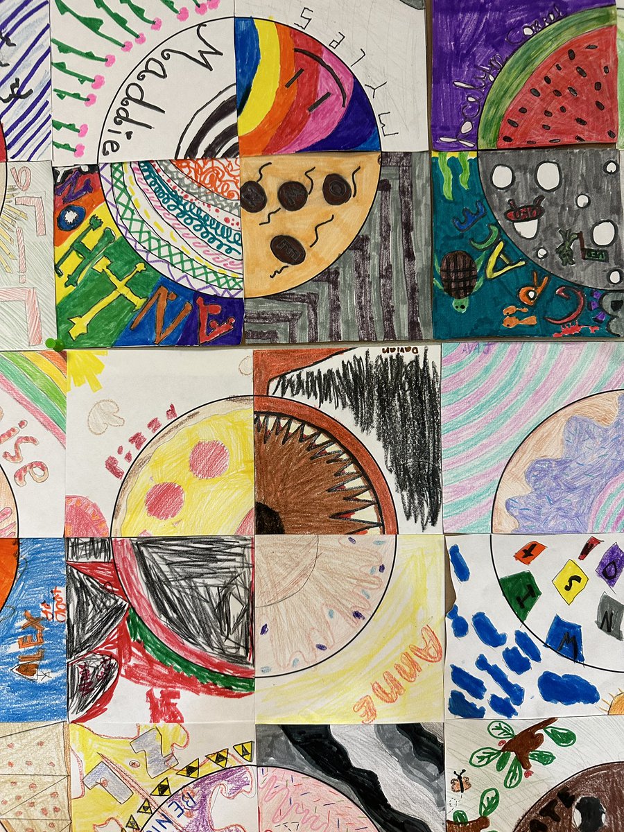 Our ALL-SCHOOL art project is finally up on display! That's right, every kid in the whole school made a quarter of a circle to fit into this collaborative art work.

 #irving97 #d97art #weared97 #oakpark97
