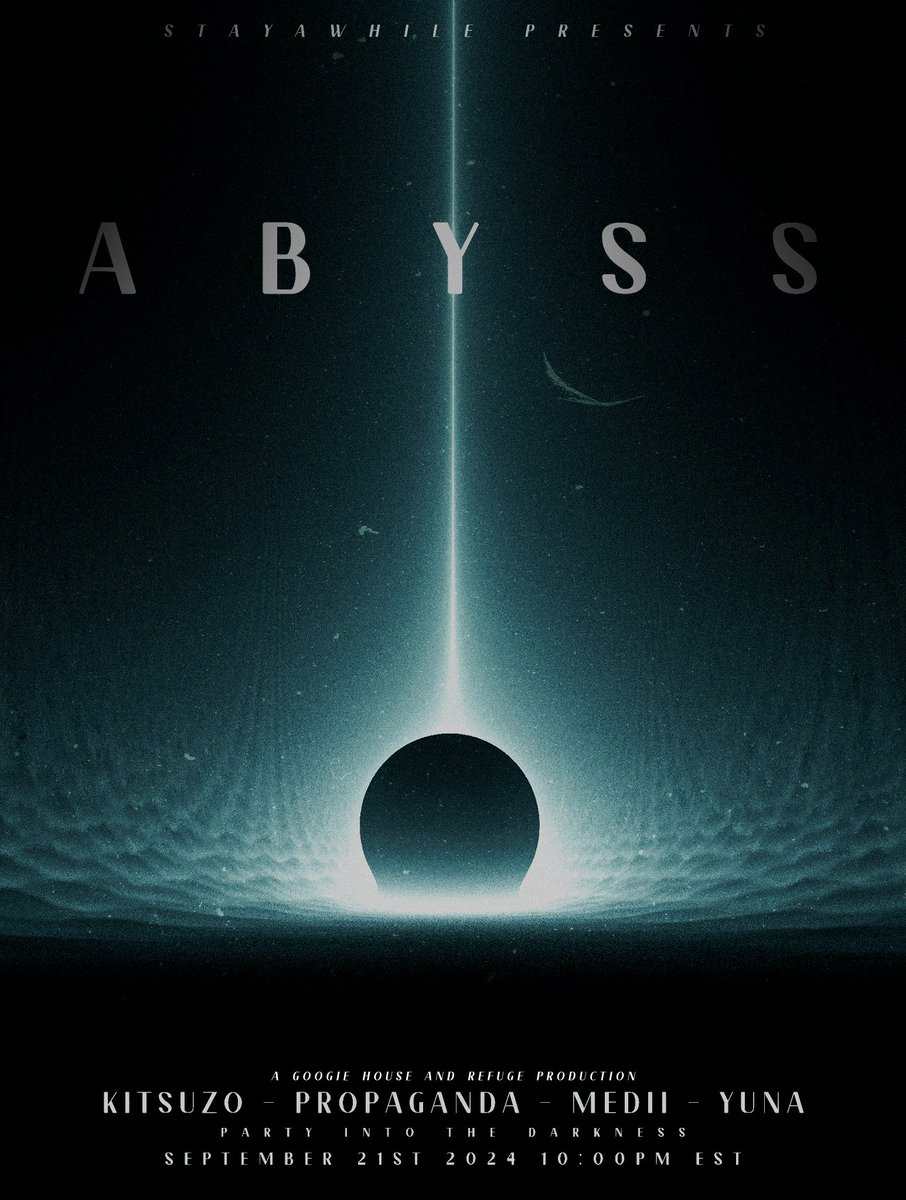 Introducing the lineup for Abyss.

10 pm EST <a href="/outcast_c0/">KITSUZO</a> 
11 pm EST <a href="/propsad/">propaganda</a> 
12 am EST <a href="/medii_vr/">Medii</a> 
1  am EST @Yuna_ViR 

This event tells a story and is meant to be viewed as a whole. Each dj and the world itself will evolve to tell a story. 

Don't miss a second of the Abyss