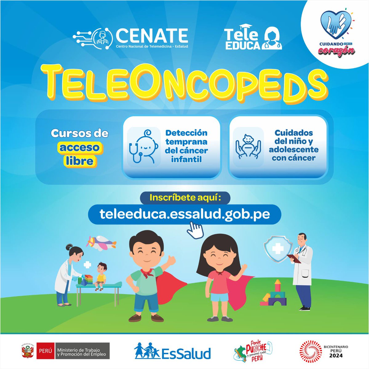 EsSaludPeru's tweet photo. ¿Sabes cómo reconocer los síntomas del cáncer infantil? Únete a #TeleOncopeds, un curso gratuito del #CENATE, y aprende sobre el manejo del cáncer infantil. 👦👧 

✅ https://t.co/31xVt7w9GB https://t.co/T5LVml43ML