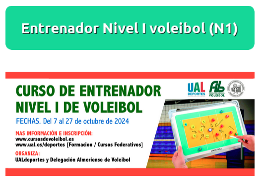 📢 Convocado CURSO ENTRENADOR/A NIVEL I DE VOLEIBOL en ALMERIA, por parte de <a href="/DAVb_FAVb/">DAVb</a> y <a href="/ualdeportes/">UALdeportes</a>. Se celebrará del 7 al 27 octubre, semipresencial. Límite de inscripción 03/10 +info e inscripciones en cursosdevoleibol.es #FormacionFAVb #Nivel1Vb