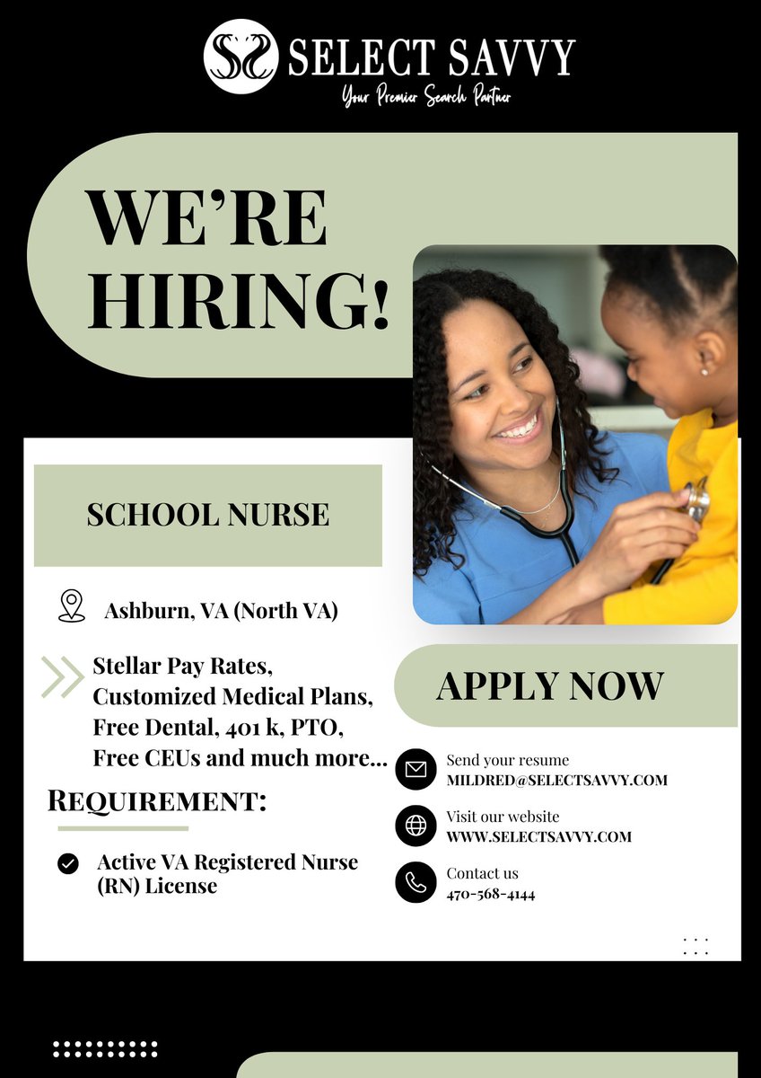 selectsavvyllc's tweet photo. π Do you know an awesome RN (Registered Nurse) looking for an opportunity in North Virginia? We have an amazing opportunity with a great school program... check it out~! π Generous referral bonus offered! π°
#Hiring #NurseHiring #jobhunting #selectsavvy https://t.co/iKQBIB7yzp