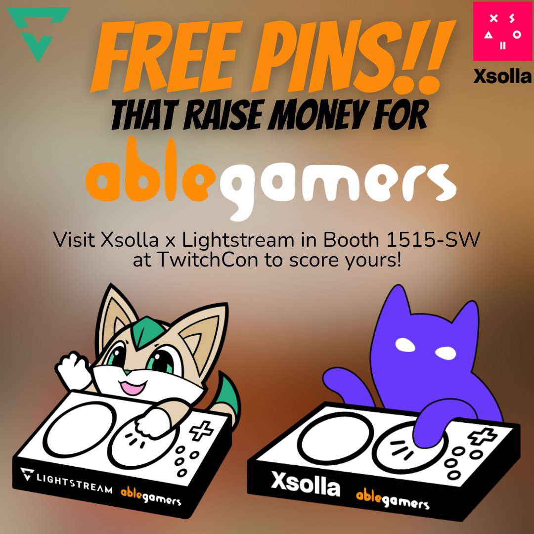 We cannot get over how cute these pins are from our friends at <a href="/Xsolla/">Xsolla</a> and <a href="/Lightstream/">Lightstream</a>! 😻 At TwitchCon, stop by booth 1515-SW and grab one of these exclusive designs for free and ask how to get a $5 donation to AbleGamers.

See you at TwitchCon. 😽