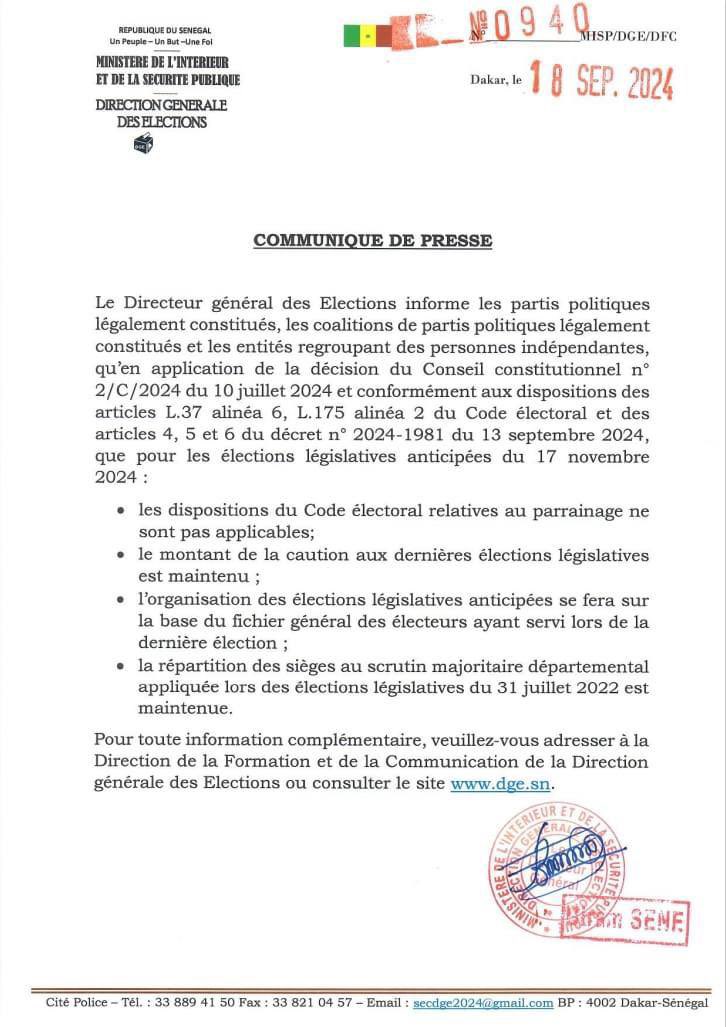 Loptionsn's tweet photo. 🚨COMMUNIQUÉ: LA DGE informe sur les élections législatives prévues le 17 Novembre 2024
#dge #Senegal https://t.co/YBQ7enV1DI